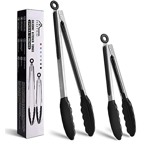 HOTEC Premium Stainless Steel Locking Kitchen Tongs with Silicon Tips, Set of 2-9" and 12" Cover