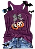Halloween Tank Tops for Women Cherries Pumpkin Graphic Tees Lace Bow Pumpkin Tank Tops Scary Funny Halloween Shirts Costumes(Pumpkin/Purple,M)