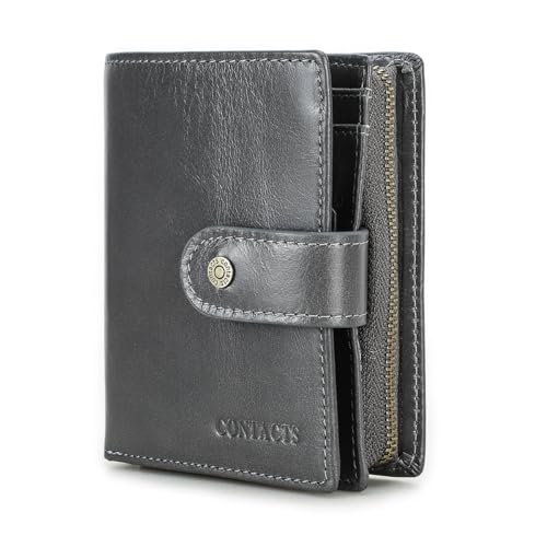 Contacts Bifold Wallet Small Leather Zipper Coin Purse for Women and Men 12 Slot Card Holder with RFID Blocking (Grey)