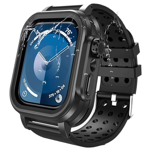Hensinple IP68 Waterproof Case and Band for Apple Watch SE2/SE Series 6/5/4 44mm with Screen Protector,Heavy Duty Shockproof Bumper Durable Cover for iWatch Series 6/5/4 SE2/SE 44mm Black