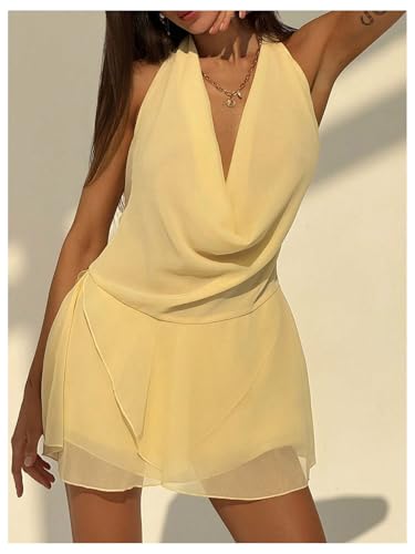SOLY HUX Women's Halter Mini Dress Deep V Neck Draped Ruffle Hem Backless Sleeveless Party Dresses4