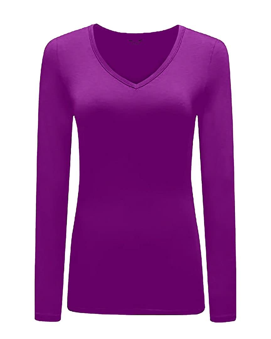 KATSSI Women’s Ladies Long Sleeve Stretch Plain V Neck T Shirt Top Purple
