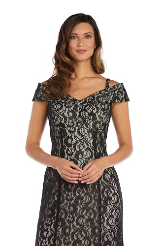 Image of R&M Richards Women's Off The Shoulder Formal Gown - Glitter Lace Mermaid Evening Dress for Wedding Guest & Cocktail Attire