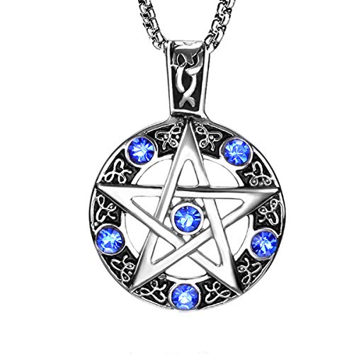 URDEAR Stainless Steel Pentagram Pendant Necklace High Polished Blue Crystal Pentacle Charm Amulet Pendant Necklace for Men Women
