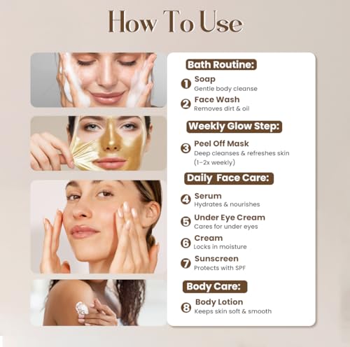 Image of Glamveda Glutathione 8-Step Skin Brightening Skincare Routine Kit for Radiant, Even-Toned Skin | Face Wash, Peel-Off Mask, Serum, Face Cream, Sunscreen, Under Eye Cream, Bath Soap & Body Lotion