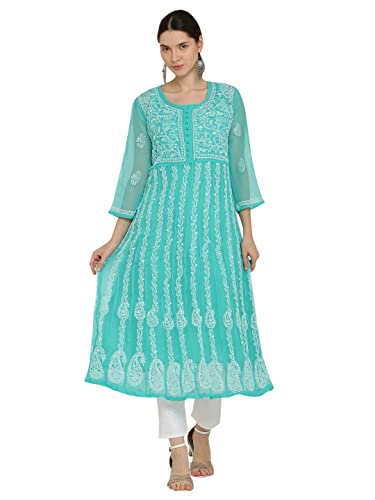 Image of FAWOMENT Women's Georgette Yok Anarkali Kurta with Intricate Lucknowi Chikankari Fine Hand Crafted Embroidery