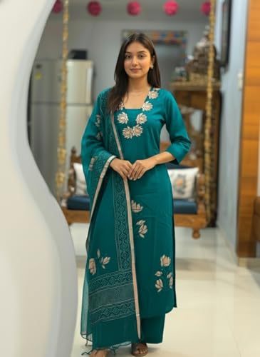 Image of ANNI Designer Women's Rayon Viscose Straight fit Printed Embroidered Kurta with Pant & Dupatta | Ethnic Kurta Set for Women | Daily, Office & Festive Traditional