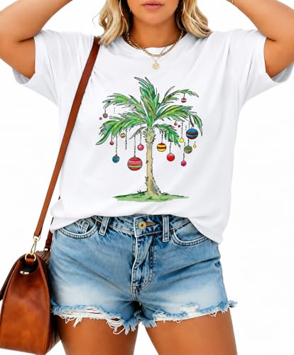 NANYUAYA Plus Size Christmas in July Shirt Women Palm Tree Graphic Tee Funny Hawaiian Vacation Top Summer Beach Party T-Shirt White