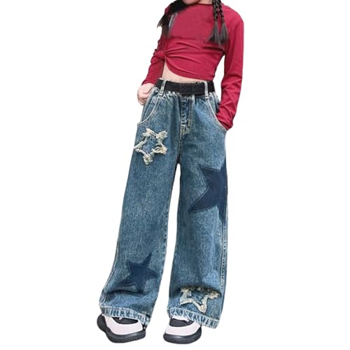 Girls Jeans Teen Ripped Distressed Elastic Waisted Baggy Denim Wide Leg Y2k Pants Star Trousers 2025 Trendy Kids Cute Clothes