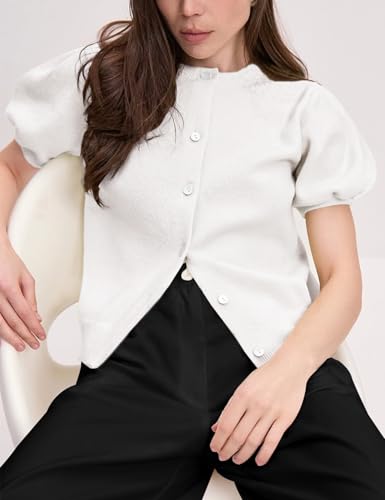 Image of Yimoon Women's Lightweight Puff Short Sleeve Cardigan Sweater | Summer, Y2K, Cropped Knit, Button Up, Blouse Tops