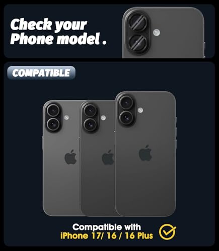 Image of Choiche Camera Lens Protector for iPhone 17 6.3-Inch, Full Coverage 9H Tempered Glass Ring Cover, Matte Metal Plate, Case Friendly, 1-Pack (Black)