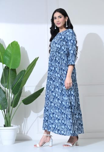 Image of Amazon Brand - Tavasya Women Botanical Floral Printed Maternity Midi Dress | Round Neck | 3 /4 Ruffle Sleeves | Concealed Feeding Zip | Gathered Tiered Nursing Dress
