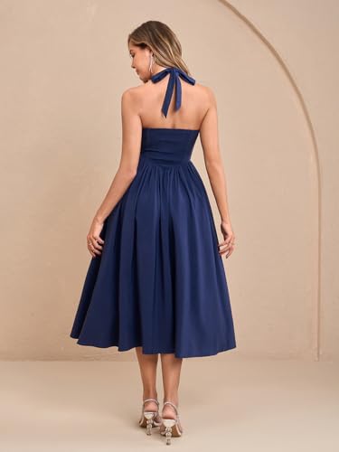 Image of Parthea Women's Floral Halter Corset Midi Dress 2026 Elegant Smocked Flowy Wedding Guest Dresses with Pockets