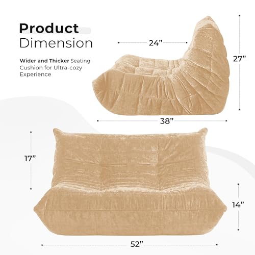 Image of HABUTWAY Giant Bean Bag Chairs Loveseat for Adults,2 Seater,Khaki | Loveseat Fireside Chair, Memory Foam Lazy Bean Bag Couch for Living Room, Bedroom, Dorm, Office