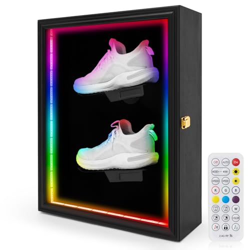 Geelin LED Lighting Shoe Display Case Wooden Frame Wall Mount Acrylic Clear Door, LED Sneaker Display Case Shoe Cabinet Containers Storage Box Anti-Fade UV Protection for Memorabilia Sneaker