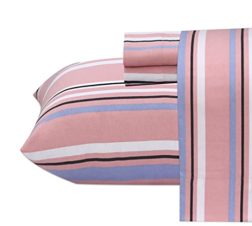 Ruvanti 100% Cotton 4 Pcs Flannel Sheets King, Deep Pocket, Warm, Super Soft, Breathable, Moisture Wicking Sheets For King Size Bed Include Flat, Fitted Sheet, 2 Pillowcase- Pink & Blue Stripes #TOP4