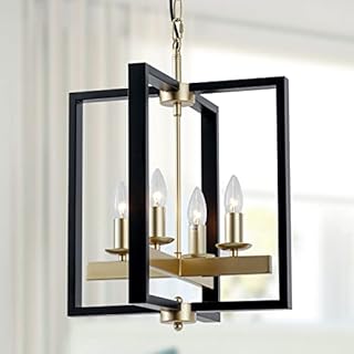 Industrial Lantern Chandelier, 4-Light Modern Geometric Semi Flush Mount Ceiling Light Fixture, Black & Champagne Gold Farmhouse Pendant Lighting Fixtures for Living Room Kitchen Island Hallway Foyer