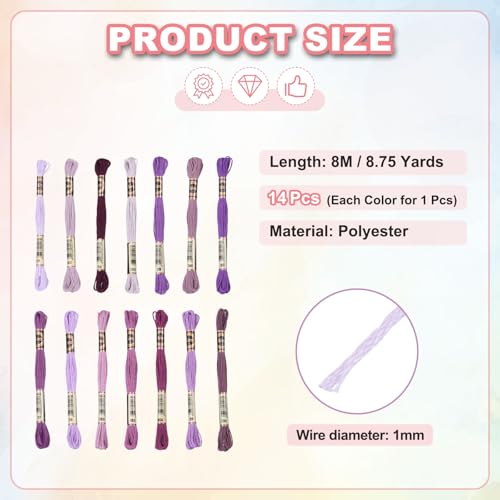 Image of PATIKIL 14 Skeins Embroidery Floss, Polyester Embroidery Threads Bracelets String for Cross-Stitch Hand Embroidery, Multicolored Purple
