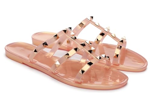 Libbook WOMENS STUDDED SANDALS JELLY SHOES Studded Sandals For Womens Jelly Shoes Flats Stud Slides Slip thumb #3
