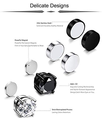 4 Pairs Stainless Steel Magnetic Stud Earrings for Men Women Non Piercing Clip on CZ Earrings 6MM3