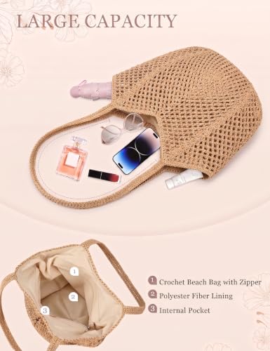 Image of Beach Bags for Women with Zipper, Large Straw Bag Woven Tote Bag Straw Shoulder Bag for Summer Vocation