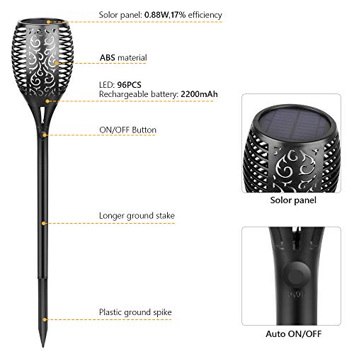 Eicaus Solar Torch Light Outdoor, 96 Led Tiki Torches with Flickering Flame, Waterproof Landscape Garden Pathway Decoration Lighting with Auto On/Off Dusk to Dawn