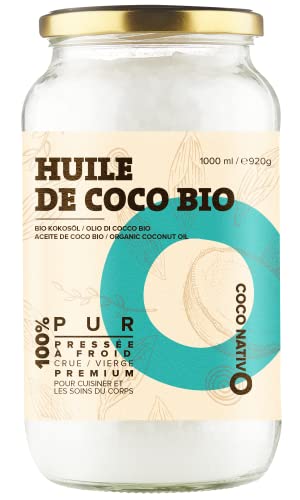 Huile de Coco Bio CocoNativo - 1000ml (1Liter) Huile de Noix de Coco Biologique Extra Vierge et non Raffinée, Pure et 100% Bio - Idéale Pour Les Cheveux, Le Corps et Comme Aliment (1 x 1000ml)
