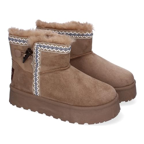 shoes&blues.es 87769 Botin Australiano para Mujer, Comodo y Calido, Forrado el Interior con Pelo, Sin Cierre, Adorno en la Cana. Kaki Talla 38