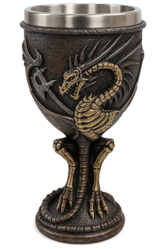 JRose Collections Dragon Goblet Resin Chalice with Stainless Steel Insert 200ml Fantasy Drinking Cup Medieval Dragon Design Decorative Goblet for Home Bar Display
