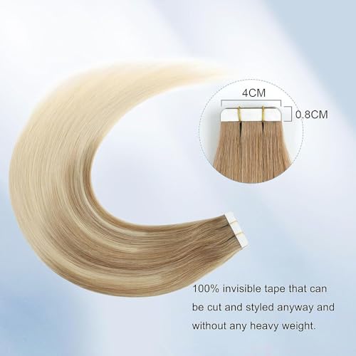 Image of Sixstarhair Invisible Tape In Hair Extensions Real Human Hair Balayage Blonde with Light Chestnut Brown Fading to Platinum Blonde Hair Extensions 20 Pcs 50g [Color #B8-60 18 inch]