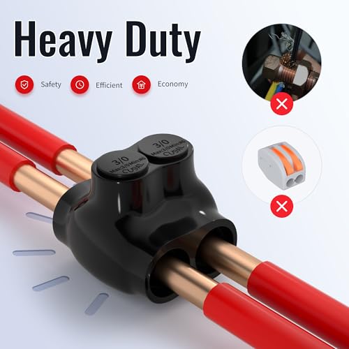 Image of RVBOATPAT Insulated Multi Tap Connector 3 /0-6 AWG 2 Port Aluminum Wire Connector Black Electrical Cable Connectors Dual Entry 7 /32 inch Allen Hex - 6 Pack