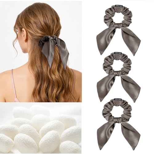 Image of THXSILK 100% Mulberry Silk Bow Scrunchies 3-Pack, 22 Momme Mulberry Silk Hair Ties for Women, Cute Bunny Ear No Damage Ponytail Holders, Fashion Hair Accessories for Girls(M, Dark Grey)