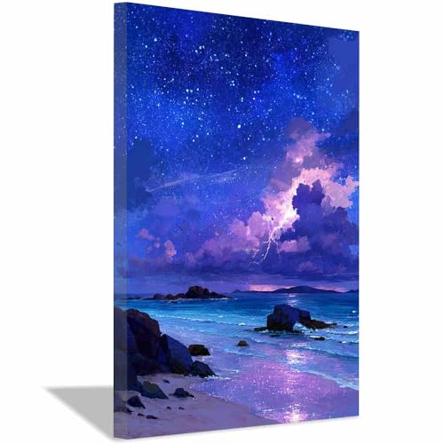 Peinture à l'huile paysage pour salon et chambre ciel étoilé violet 40x60cm