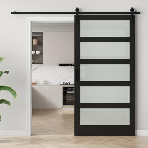 Image of 42 inchx84 inch Frosted Glass Barn Door with 7FT Sliding Hardware & Handle, Black