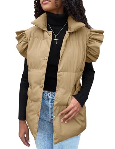 Womens Puffer Vest Ruffle Sleeve Jackets Button Up Stand Collar Sleeveless Padded Coat with Pocket