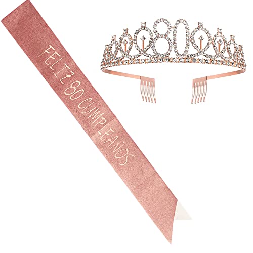 Feliz 80 Cumpleaños Faja de Satén Oro Rosa Feliz Cumpleaños Cumpleaños Sash 80th Diadema Tiara Cristal Cumpleaños Faja Banda de Satén Cumpleaños Sash Decoracíon Regalos para Cumpleaños Cover