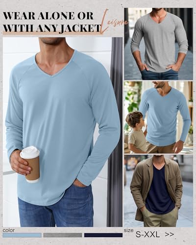 Riyiper 3 Pack Men's Long Sleeve T-Shirts V Neck Curved Hem Casual Tops Raglan Stretch Basic Tee Shirts4
