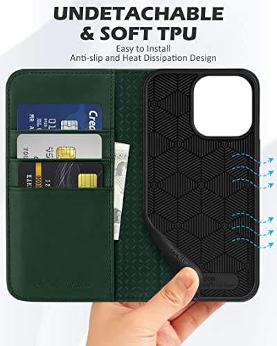 Shieldon Case For Iphone 13 Pro 6.1", Genuine Leather Iphone 13 Pro Flip Wallet Rfid Blocking Card Slots Magnetic Kickstand Shockproof Protective Case Compatible With Iphone 13 Pro - Midnight Green #TOP7