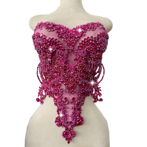 Handmade red/Blue/Gold/Green Rhinestones lace Bodice Applique Sewing Beads Crystal Trim Patches Accessory for Dress Clothes (Rose red)