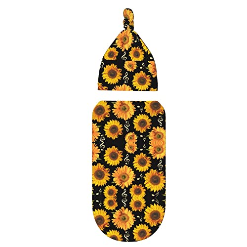 Image of Sunflower Music Note Newborn Swaddle Blankets Beanie Hat Sets,Newborn Receiving Blanket for Boy Girl,Swaddle Sack Shower Infant Gift, One Size