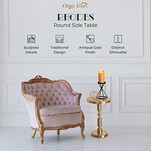 Small Round Gold Side Table By Objet D’art, Rhodes, Accent, End, Pedestal, Martini, Drink Table For Living Room Or Nightstand For Bedroom And Small Spaces, Vintage Metal Brass Style Decor, 21” Height #TOP1