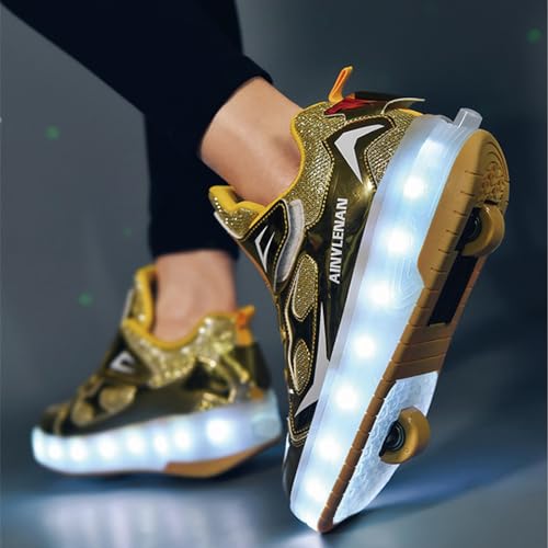 Kids Roller Skates Shoes Sneakers for Boys & Girls, Gold Skateboarding Shoe Fashion Parkour Shoes with 2-Wheels Unisex Retractable Skating Shoes for Children's Park Sports Walking3