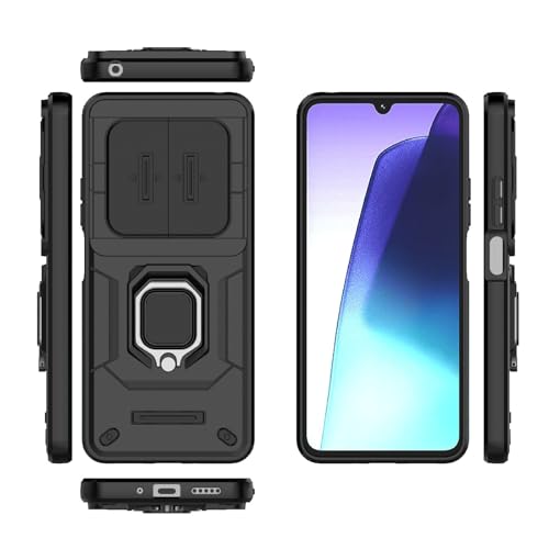 Image of SHINESTAR Tough Armor Redmi A4 5G / Redmi 14C 5G / Poco C75 5G / Poco M7 5G Bumper Back Case Cover | Ring Holder & Sliding Camera Shield Cover | 360 Degree Protection Back Case Cover (Black)