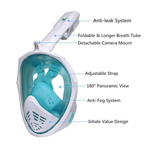 Thirty Seven Days Full Face Snorkel Mask/Snorkeling Mask With Detachable Camera Mount, 180 Panoramic Anti-Fog Anti-Leak Diving Mask With Safety Breathing System For Adult And Kids (Green, S/M) #TOP1
