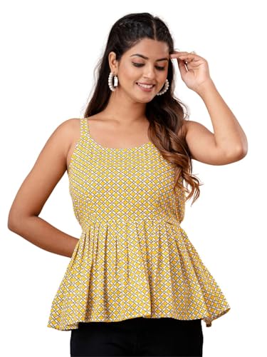 Image of feranoid Women Cotton Printed Sleeveless Strap Peplum Top