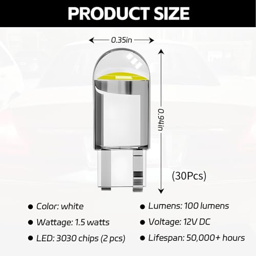 Hbxdeco 30PCS 194 Car LED Light Bulbs, T10 Interior Lights Bulb Replacement, Error Free 168 2825 W5W Wedge COB LED Bulbs, Universal for Car Dome Map Door Courtesy License Plate Light (White)