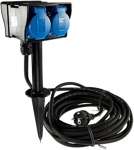 ChiliTec Gniazdko ogrodowe z ostrzem do wbijania w ziemię – 4-krotne gniazdko zewnętrzne 10 m kabel gumowy do długotrwałego stosowania na zewnątrz IP44 230 V z pokrywą na zawiasach – rozdzielacz prądu do ogrodu, na taras