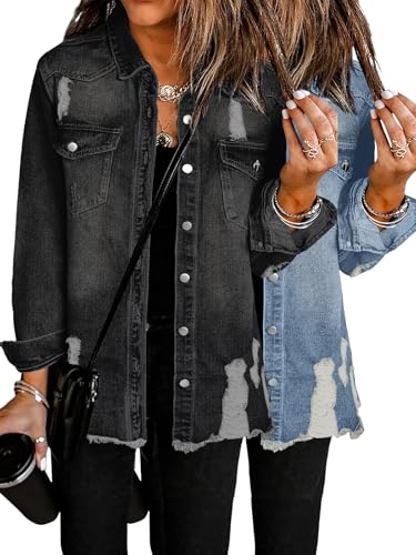 Women's Oversized 2 Piece Denim Jacket Casual Long Sleeve Shirts Distresse Jean Coat 2025 Outfits (Pack of 2)