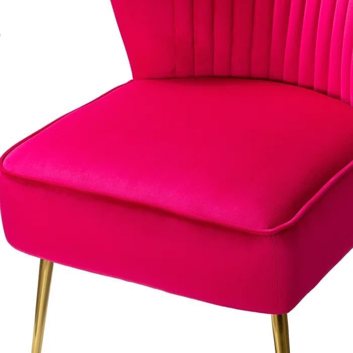 Image of Modern Upholstered Accent Velvet Chair Single Seater Channel Tufted Wing Back Chair with Golden Matel Legs for Living Room, Bedroom, Dining Room, Fuchsia