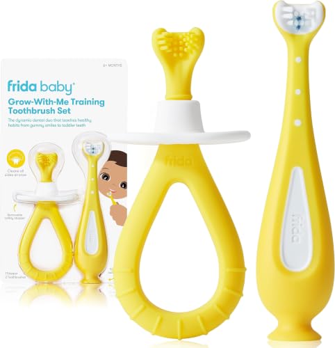 Image of Frida Baby Grow-with-Me Training Toothbrush Set,Infant Baby Tooth Brush & Toddler Toothbrush 6-18 Months,Soft Silicone Bristles,BPA-Free Oral Care for Sensitive Gums,Yellow,(Pack of 12)